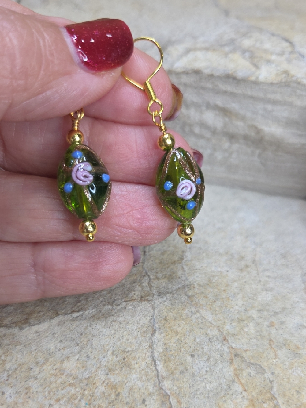 Handmade Green Floral Glass Bead Drop Earrings - Wedding Cake Lampwork Glass